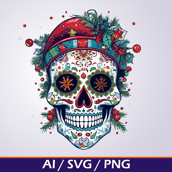 Christmas Sugar Skull SVG Day of the Dead digital download Xmas sugar skull clip art Holiday PNG file for cricut silhouette sublimation