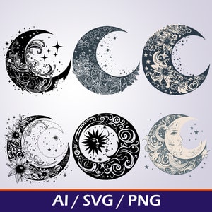 Crescent Moon SVG Digital Download Bundle, lune céleste phase svg lune clipart, croissant de lune mystique png pour critcut pour sublimation