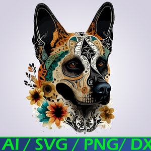 Unique German Shepard Sugar Skull Dog SVG Clipart Service Dog Merchandise Dog Lover Gifts Service Dog svg German Shepard Sugar Skull Clipart