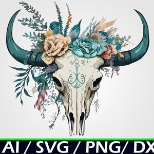 Boho Bull Skull SVG Digital Download, Western Cow Skull PNG, Boho Floral koe schedel illustraties, bloemen schedel svg voor cricut