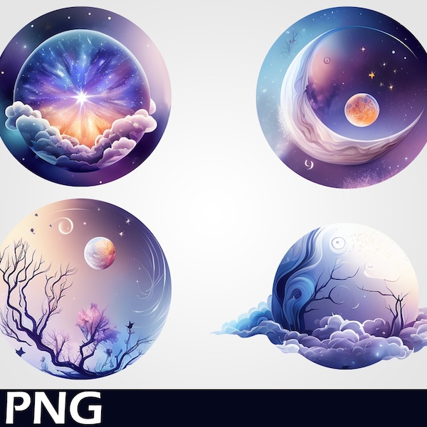 Magical Mystical Celestial PNG Bundle Digital Download, Celestial Heavens PNG Mystical Clip Art moon and stars for sublimation