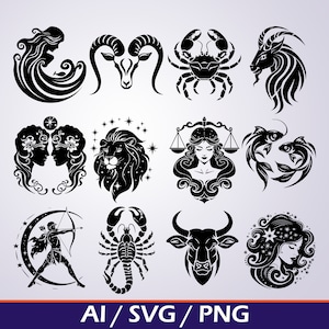 Pakiet SVG Znaków Zodiaku Astrologia Pakiet SVG - Pakiet Znaków Zodiaku w formatach SVG i PNG - Cyfrowy zestaw do pobrania Clipartów Zodiaku