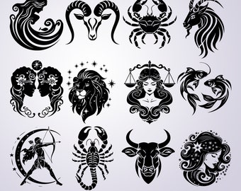 Puede incluir: Ilustraciones en blanco y negro de los doce signos del zodiaco. Cada signo se representa con un diseño estilizado único, incluyendo un cangrejo, un carnero, un león y un arquero. El texto "AI / SVG / PNG" está presente.