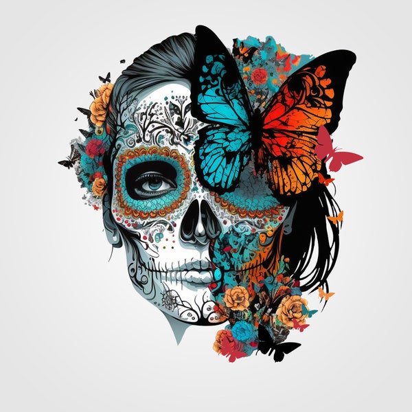 Colorful Sugar Skull with butterflies PNG Day of the Dead Instant  Digital Download, butterfly sugar skull png for sublimation print, floral
