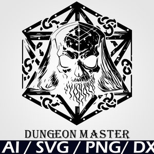 Calavera de Dungeon Master SVG D20 SVG descarga digital para impresión por sublimación, Pentagrama SVG arte de pared digital, Dungeon Master dnd SVG