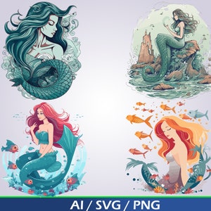 Mermaid Clip Art Bundle, Digital Download, Cute Mermaid PNG, Underwater Clipart, Ocean Sea Life, Mermaid Birthday Party, Sublimation Designs