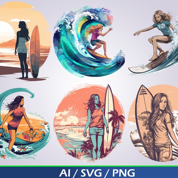 Surfer Girl SVG Digital Download Bundle girl surfing clip art surfer png waves and beach surf for sublimation for cricut oppai surfer girl