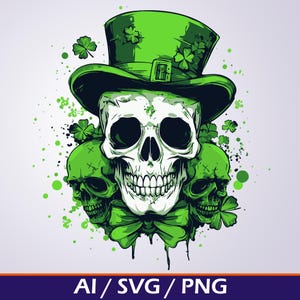 St. Patrick's Day Skull SVG PNG - Irischer Tag der Toten Clip Art, Keltischer Schädel Digitales PNG für Cricut, Silhouette Sublimation Glücksklee