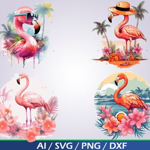 May include: Four digital illustrations of pink flamingos in various poses. The flamingos are surrounded by tropical flowers and palm trees. One flamingo is wearing sunglasses, another is wearing a hat, and the other two are standing on their own.