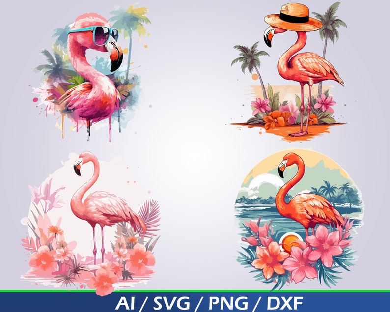 May include: Four digital illustrations of pink flamingos in various poses. The flamingos are surrounded by tropical flowers and palm trees. One flamingo is wearing sunglasses, another is wearing a hat, and the other two are standing on their own.