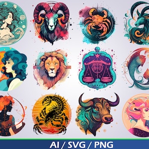 Znaki zodiaku z lat 80. pakiet svg plik cięcia dla retro zodiaku png astrologia neonowe symbole konstelacji pliki do pobrania cyfrowego cricut clipart