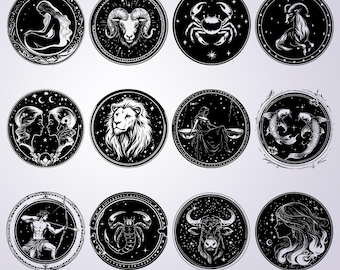 Celestial Zodiac Signs SVG Bundle: Astrology Clipart (Digital Download)