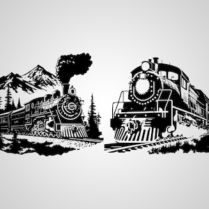 Paquete SVG de tren: descarga digital, imágenes prediseñadas de locomotoras de vapor, diseños de ferrocarriles, archivos de corte de Cricut y Silhouette, descarga instantánea