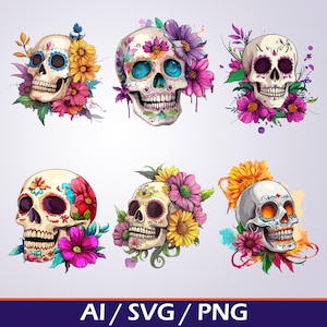 Floral Sugar Skull PNG - Tag der Toten Clipart, digitaler Download für Cricut, Silhouette, Sublimation und Handwerk, Instant Access