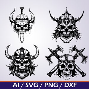 May include: Four black and white vector illustrations of Viking skulls wearing helmets with horns. The first skull is holding a sword. The second skull is wearing a horned helmet. The third skull is wearing a horned helmet and has a beard. The fourth skull is wearing a horned helmet and is crossed with two axes.