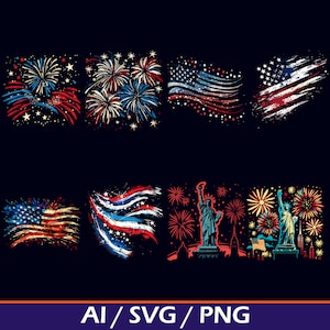 4 de julho Pacote PNG, Fireworks SVG Bandeira do Dia da Independência Clip art 4 de julho svg Design patriótico png América SVG Estátua da Liberdade