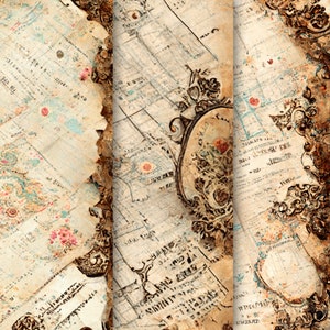 Páginas de diario con mapas antiguos / Páginas de álbum de recortes con mapas / Páginas de diario basura con mapas de ciudades / Papelería imprimible con mapas / Papeles para escribir cartas A4 para descargar