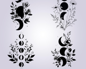 Paquete de imágenes SVG de fases lunares florales / Imágenes prediseñadas celestiales (descarga digital)