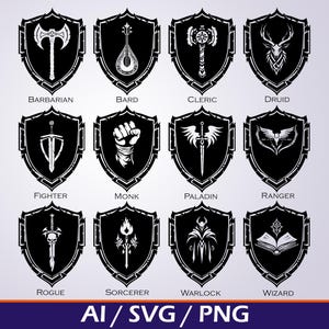 DnD ファンタジー RPG クラス アイコン セット SVG バンドル - テーブルトップ ゲーム、ロールプレイング ゲーム、キャラクター シート、デジタル ダウンロード用の冒険者アイコン
