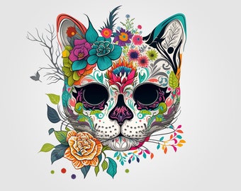 Colorful Cat Sugar Skull PNG Day of the Dead Instant kitty Digital Download, Cat Digital PNG file for cricut silhouette sublimation print