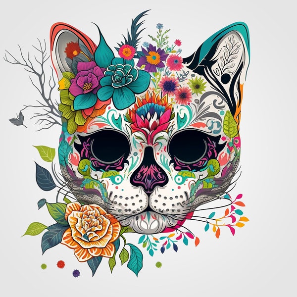 Colorful Cat Sugar Skull PNG Day of the Dead Instant kitty Digital Download, Cat Digital PNG file for cricut silhouette sublimation print