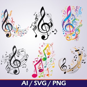 Notes de musique SVG Téléchargement numérique Bundle Notes de musique abstraites et colorées PNG pour sublimation musique piano clip art mélodie svg pour les enseignants