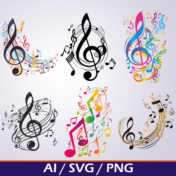 Musical Notes SVG Digital Download Bundle Abstract and Colorful Music Notes PNG for sublimation piano music clip art melody svg for teachers