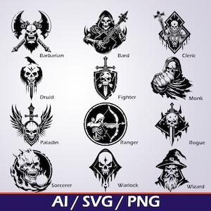 D & D Class Icon Set SVG Bundle Abenteurerklasse Symbole SVG PNG Clip Art für Table Top Rpg-Klasse Icon-Set für Dungeon Master zur Sublimation
