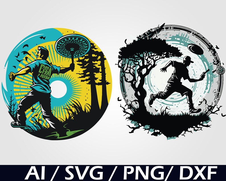 May include: Two circular designs featuring a silhouette of a person throwing a disc. The first design has a blue and yellow background with a sun and trees. The second design has a blue and white background with a tree and a disc in the air. Both designs have the text "CSA" in the center.