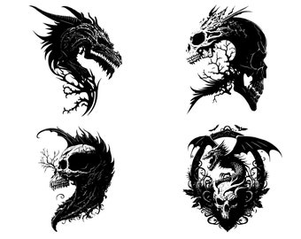 Puede incluir: Cuatro ilustraciones en blanco y negro de cráneos y dragones. La primera imagen muestra una cabeza de dragón con una cara de cráneo. La segunda imagen muestra un cráneo con ramas que salen de él. La tercera imagen muestra un cráneo con ramas que salen de él. La cuarta imagen muestra un dragón envuelto alrededor de un cráneo.