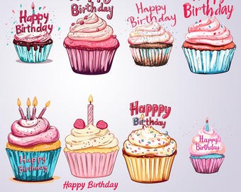 Birthday Cupcake Clipart Bundle: Watercolor PNG Graphics (Digital Download