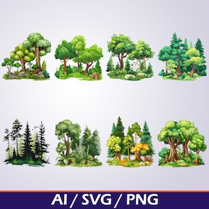 Forest SVG bundel digitale download weelderige bos en boom ontwerpen - digitale clipart set - SVG- en PNG-bestanden