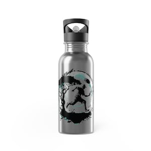 May include: A silver water bottle with a black lid and a graphic of a person running through a forest with a disc in their hand.