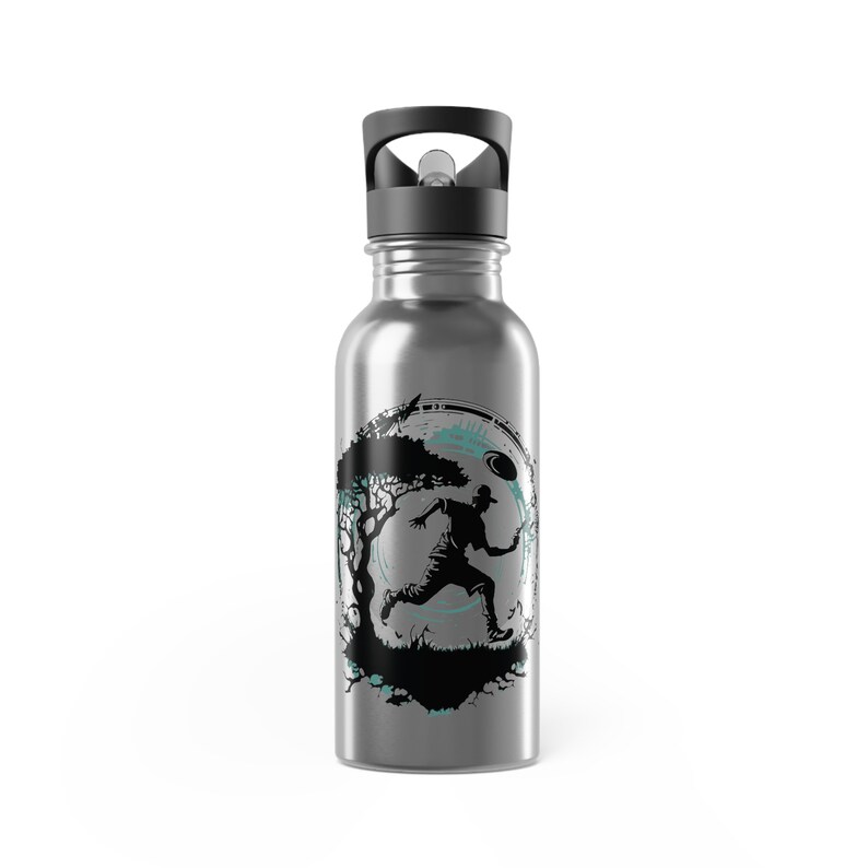 May include: A silver water bottle with a black lid and a graphic of a person running through a forest with a disc in their hand.