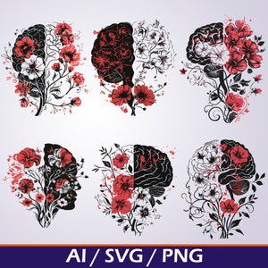 May include: Six black and white illustrations of a human brain with red and white flowers growing from the inside. The brain is split in half, with one side black and the other white. The flowers are stylized and have a whimsical feel.
