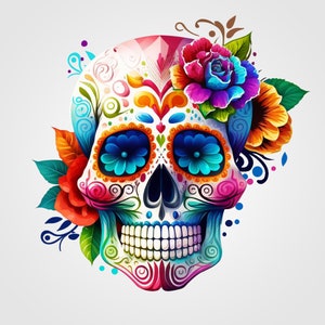 カラフルなシュガースカル PNG 死者の日 インスタントデジタルダウンロード、クリカットシルエット昇華プリント用デジタル PNG ファイル