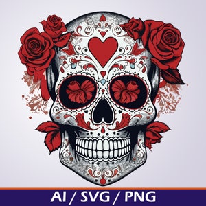 Valentinstag Sugar Skull SVG PNG V-Day Liebe Clip Art, digitale PNG-Datei für Cricut Silhouette Sublimation