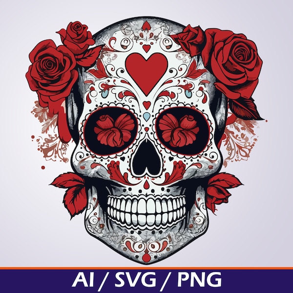 Valentine's Day Sugar Skull SVG PNG V-Day love svg Day of the Dead clip art, Digital PNG file for cricut silhouette sublimation