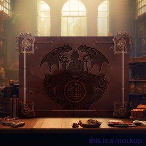 May include: A large, dark brown book with intricate embossed designs, including a dragon-like figure with wings and a circular emblem. The text "this is a mockup" is at the bottom. The book is on a wooden table.