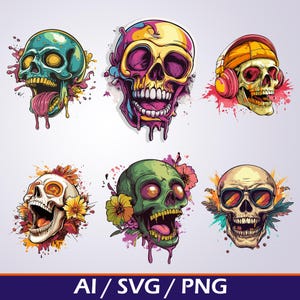 Bunte Schädel PNG Bundle - Tag der Toten Clipart, psychedelische Designs, digitaler Download für Cricut, Silhouette und Handwerk