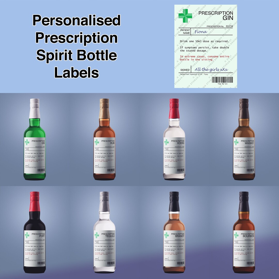 Personalised Prescription Spirit Bottle Label - Gin Rum Vodka Whiskey ...