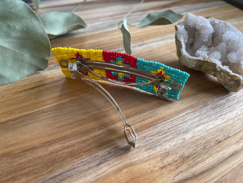 Beaded Hair Barrette ~ OOAK Long Hair Spring Clip Red Teal Yellow Seed Beads Southwestern Wearable Art Statement Piece Slow Fashion Woman
