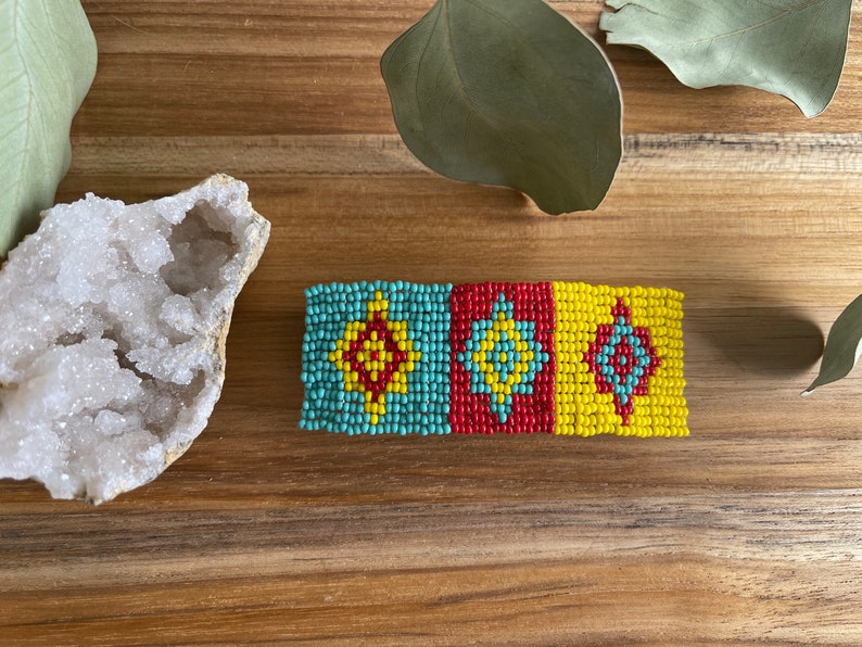 Beaded Hair Barrette ~ OOAK Long Hair Spring Clip Red Teal Yellow Seed Beads Southwestern Wearable Art Statement Piece Slow Fashion Woman