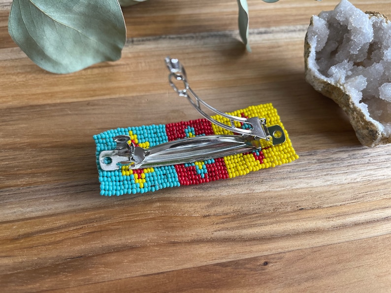 Beaded Hair Barrette ~ OOAK Long Hair Spring Clip Red Teal Yellow Seed Beads Southwestern Wearable Art Statement Piece Slow Fashion Woman