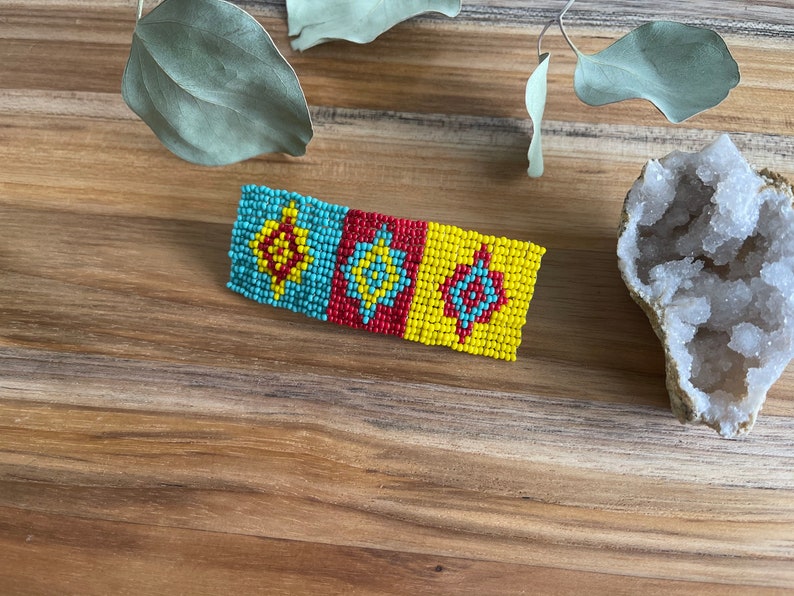 Beaded Hair Barrette ~ OOAK Long Hair Spring Clip Red Teal Yellow Seed Beads Southwestern Wearable Art Statement Piece Slow Fashion Woman