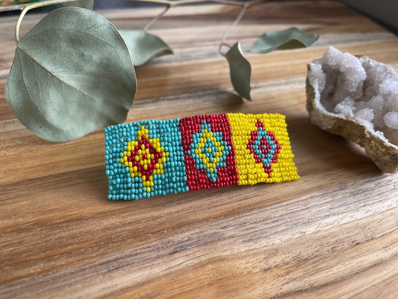 Beaded Hair Barrette ~ OOAK Long Hair Spring Clip Red Teal Yellow Seed Beads Southwestern Wearable Art Statement Piece Slow Fashion Woman
