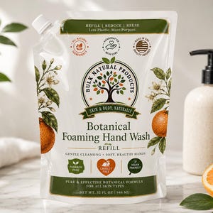 May include: A white plastic refill pouch of Bulk Natural Products Botanical Foaming Hand Wash. The label features a tree logo, orange illustrations, and text including 'REFILL | REDUCE | REUSE', 'NET WT. 32 FL OZ | 946 ML', and 'PARABEN FREE'.