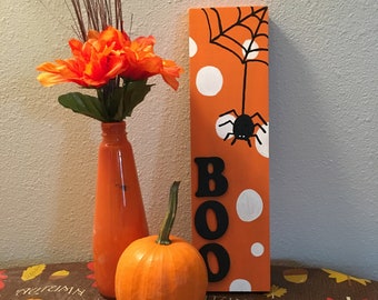 BOO Spider and Web Wood Sign, Fall Wood Sign, Orange and White Polka Dot, Handmade Wall Decor, Halloween Home Decor, Fall Home Decor