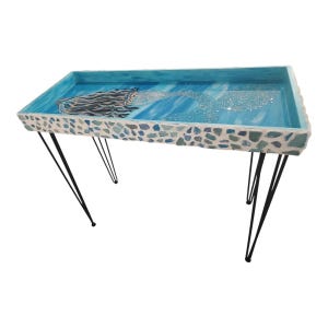 Mermaid Resin Tray Table with Sea Glass Mosaic and Hairpin Legs