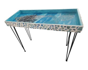 Mermaid Resin Tray Table with Sea Glass Mosaic and Hairpin Legs